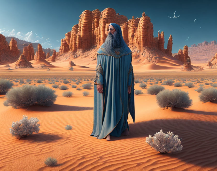 Robed Figure in Desert Landscape with Crescent Moon