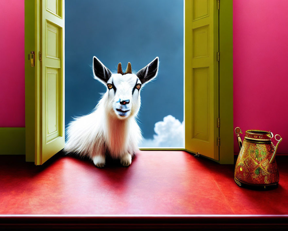 Surreal image: Goat with sky-painted face in pink room