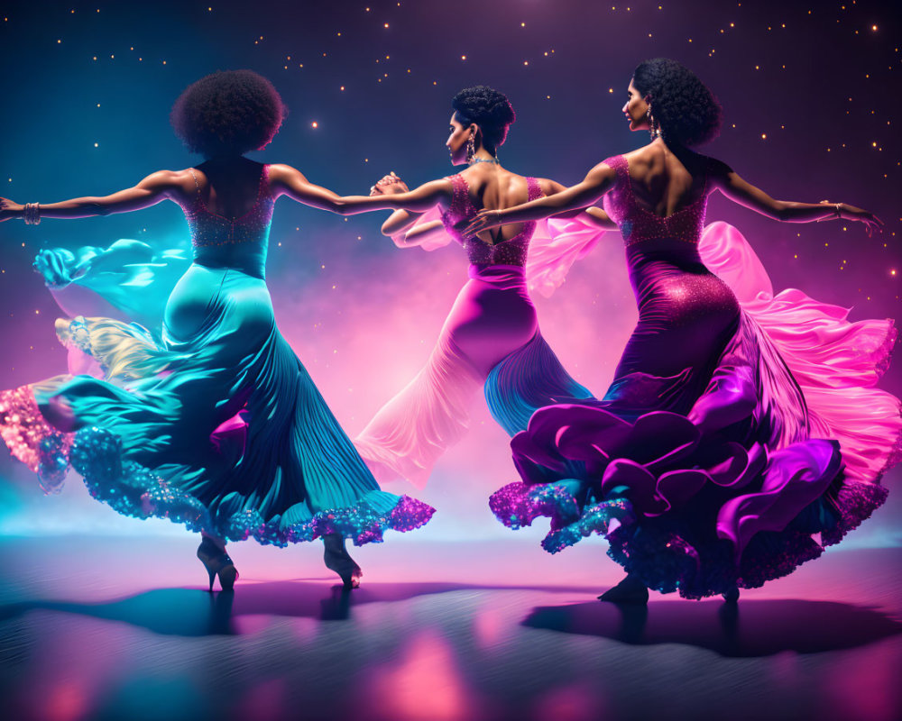 Three women dancing in colorful dresses against vibrant background