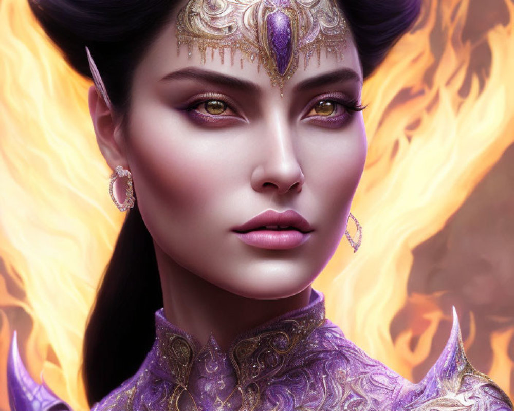 Regal woman digital artwork with purple headdress and flames