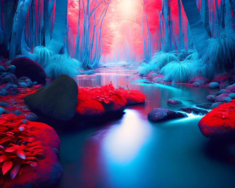 Vibrant surreal forest with blue stream and crimson foliage