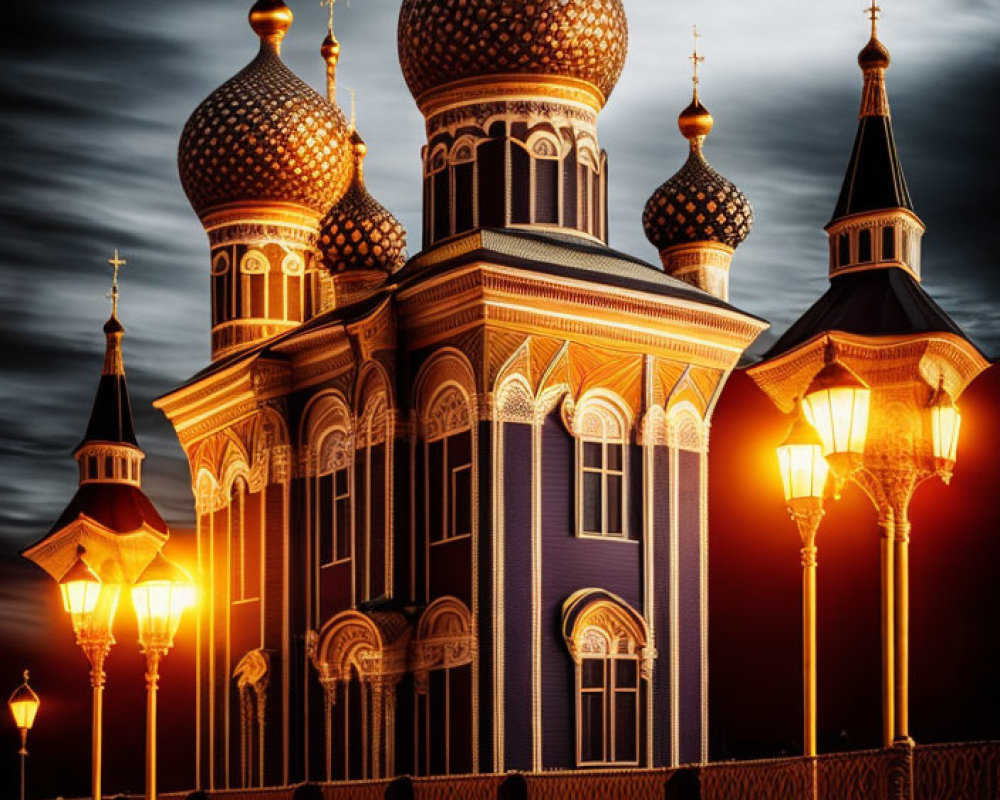 Ornate blue Orthodox church with golden domes at dusk
