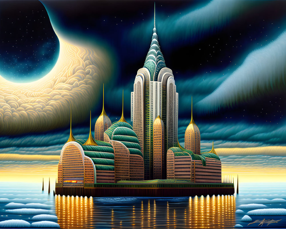 Futuristic cityscape with spire-topped skyscrapers under crescent moon