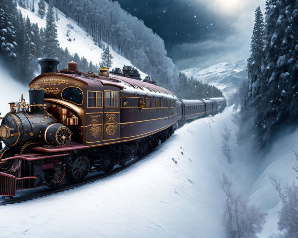 Vintage Train in Snowy Landscape with Forests and Mountains