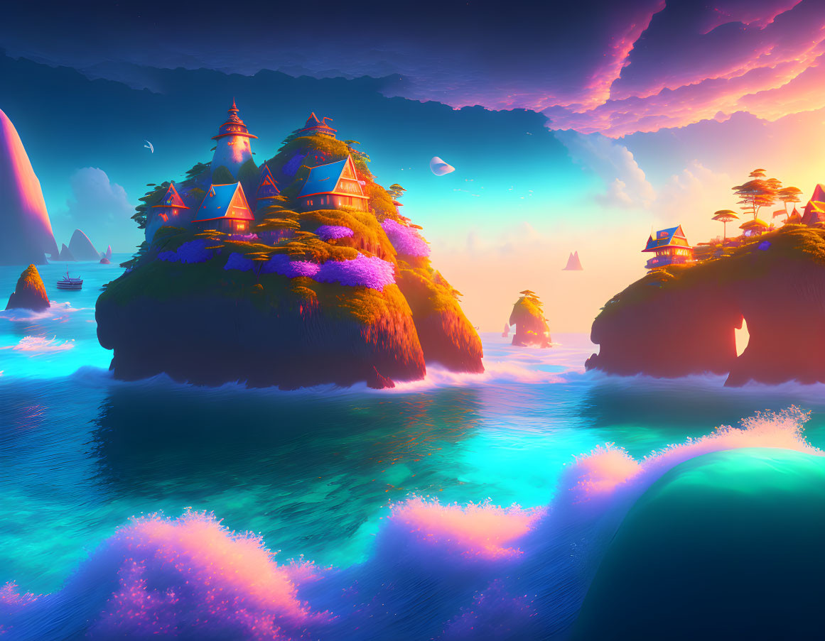 Fantastical landscape with floating islands and colorful houses