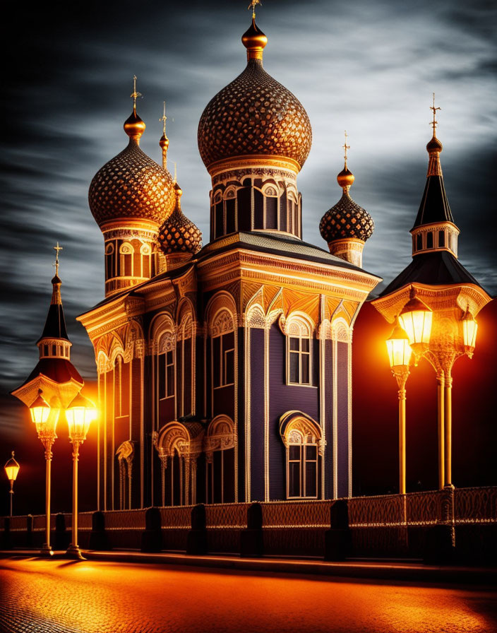 Ornate blue Orthodox church with golden domes at dusk