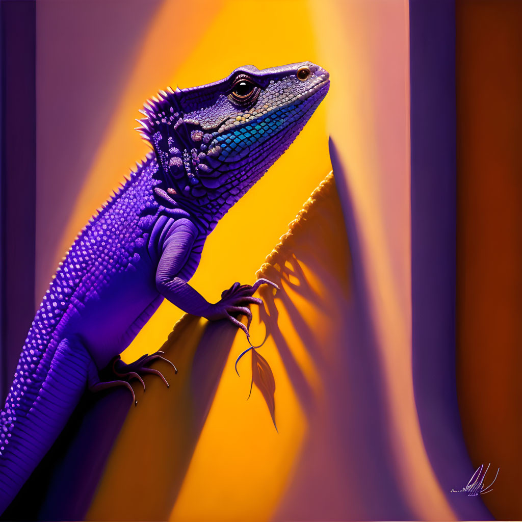Colorful Blue Lizard Illustration on Branch Against Gradient Background