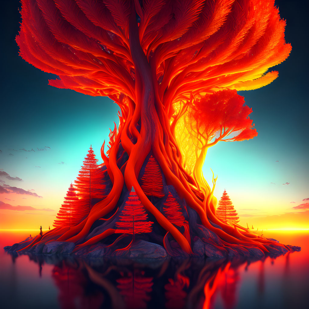 Vibrant surreal image: Majestic red tree with glowing center, smaller trees, twilight sky reflection