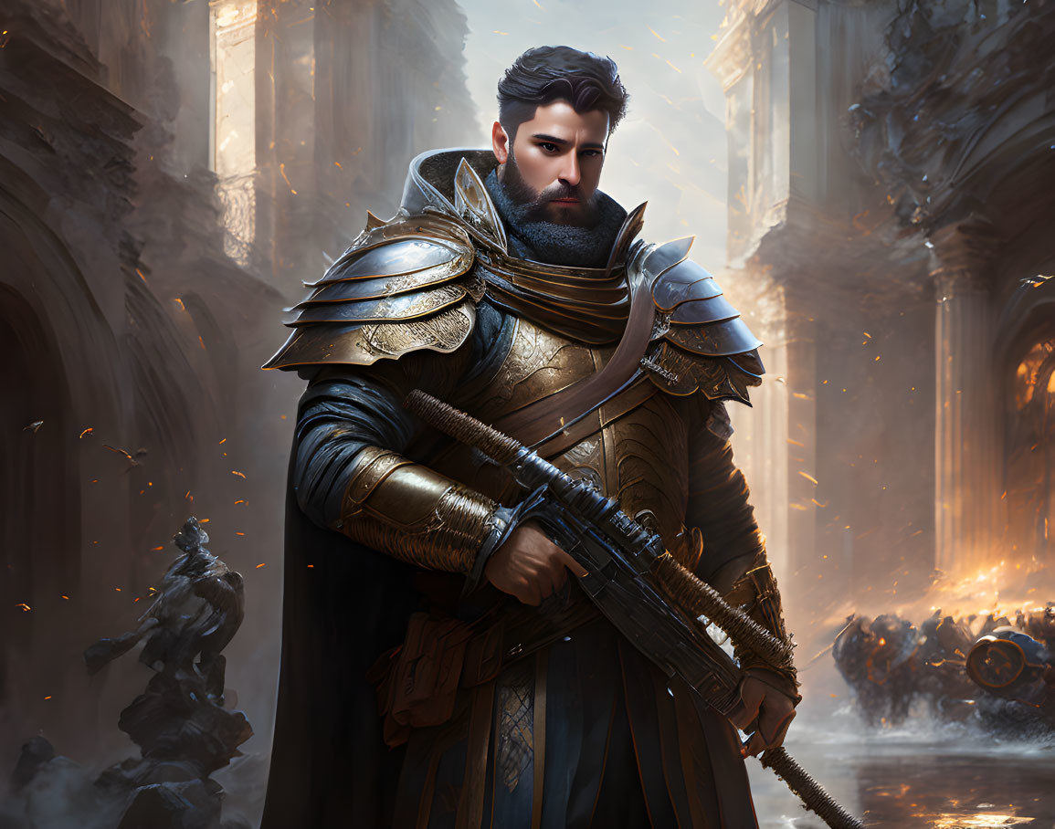 Knight in ornate armor amidst fiery war-torn landscape.