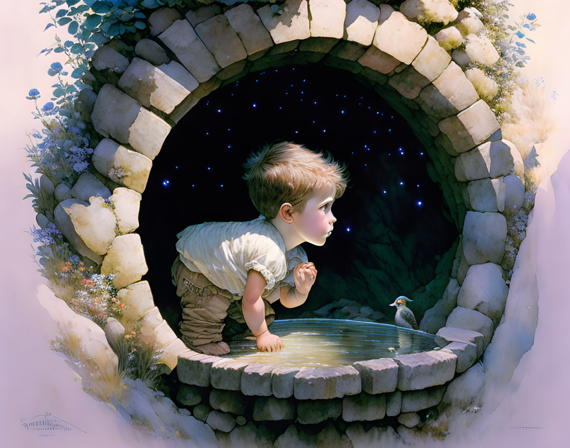 Child crouching by well under starry sky with bird nearby