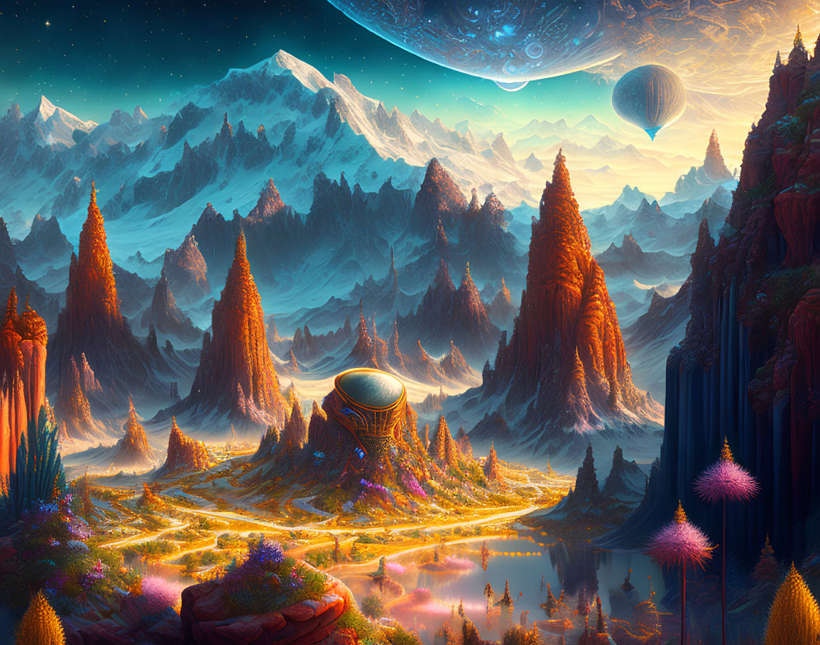 Vibrant fantastical landscape with futuristic structures and hot air balloons