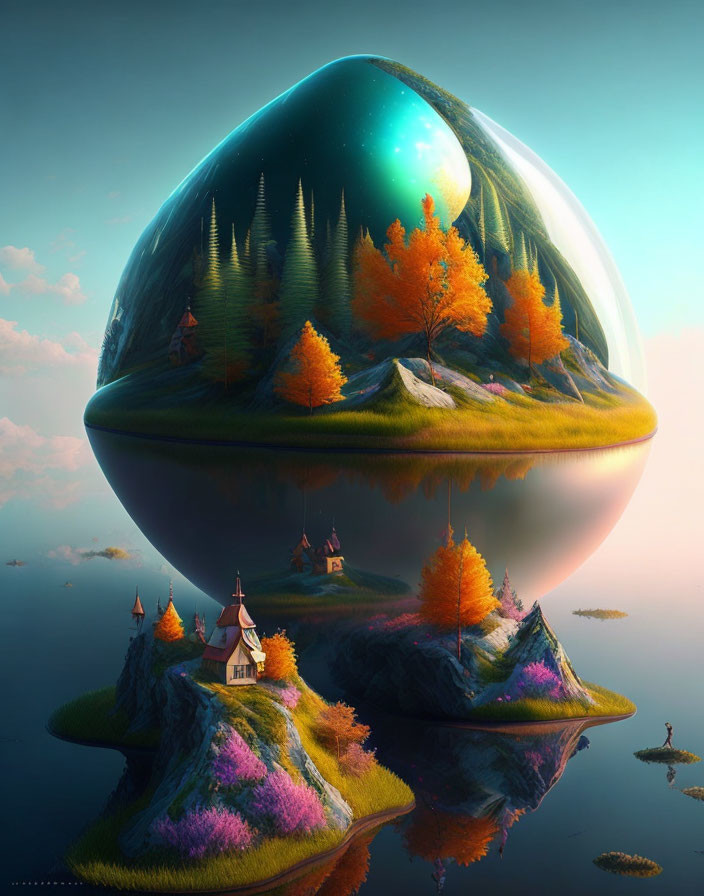 Surreal digital artwork of egg-shaped world with lush forest and floating islands