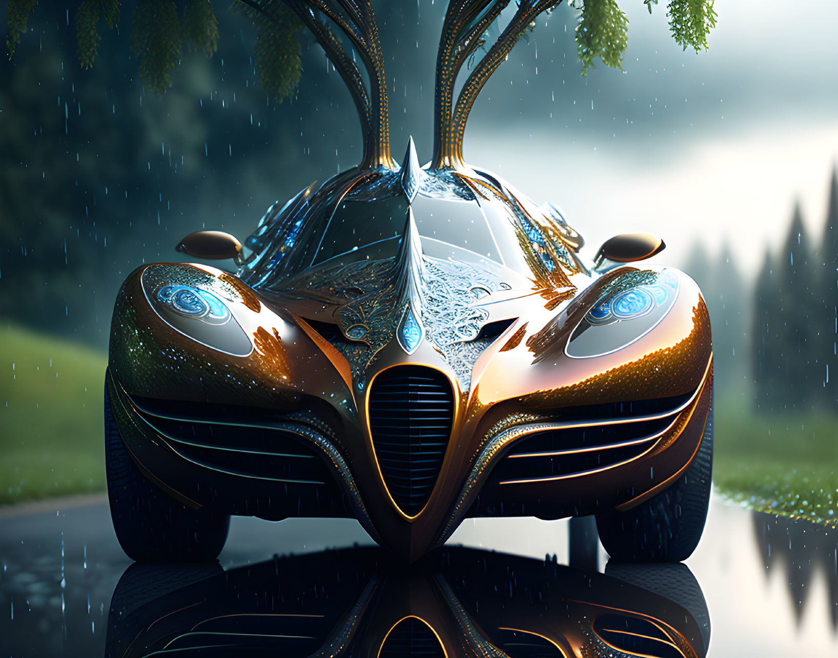 Futuristic Car with Illuminated Patterns in Rainy Forest Setting