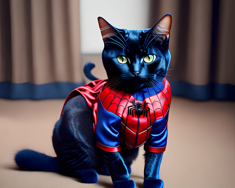 Digital Artwork: Cat in Spider-Man Costume with Beige Curtain Background