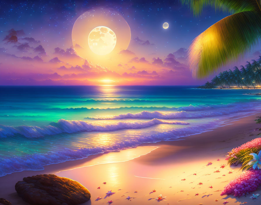 Colorful Beach Scene: Sunset, Full Moon, Stars, Waves, Tropical Foliage