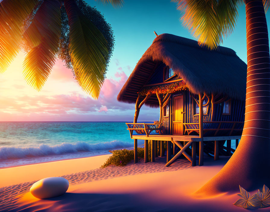 Tropical beach hut on stilts at sunset over calm sea