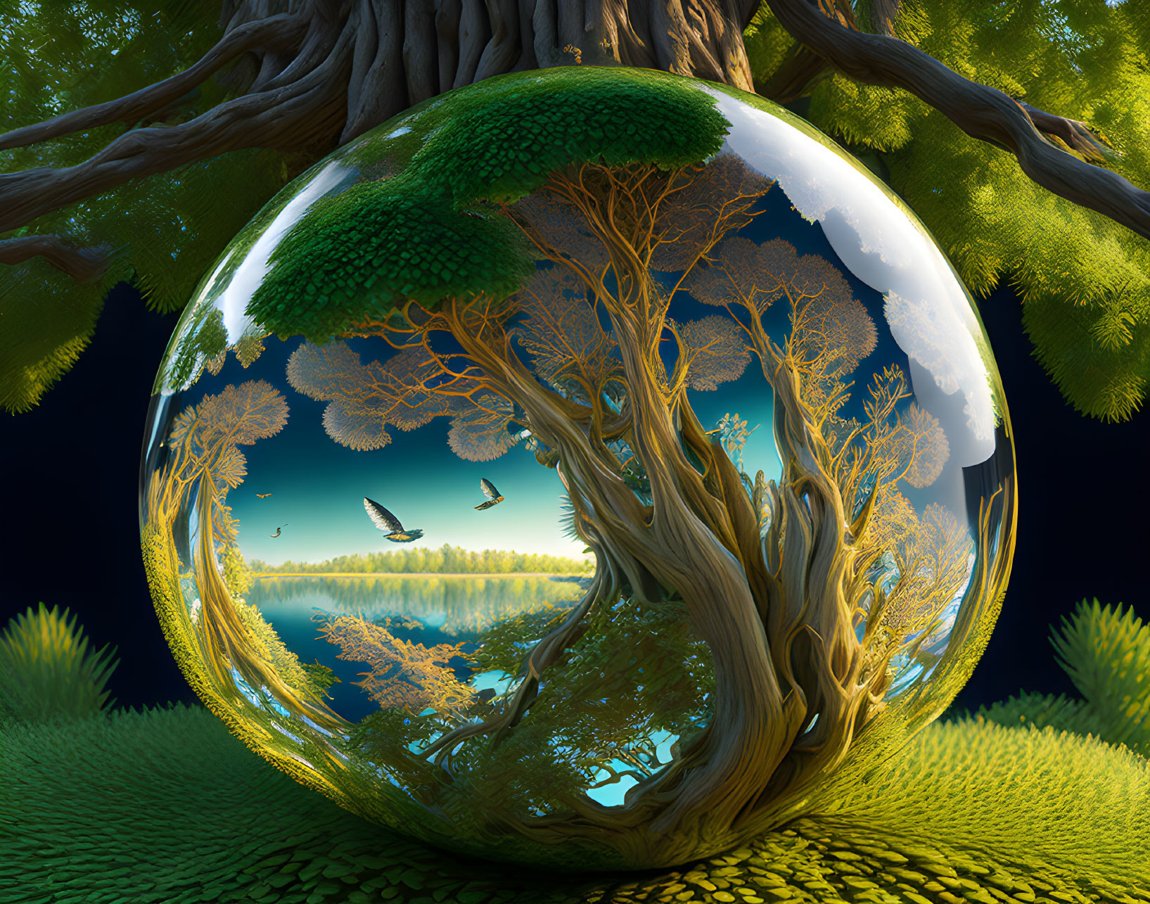 Surreal image of glossy sphere reflecting vibrant ecosystem and lush forest