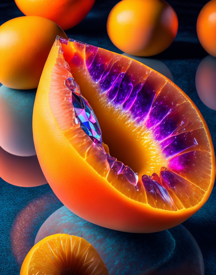 Digitally Manipulated Orange with Glowing Crystal Structure on Oranges and Blue Surface