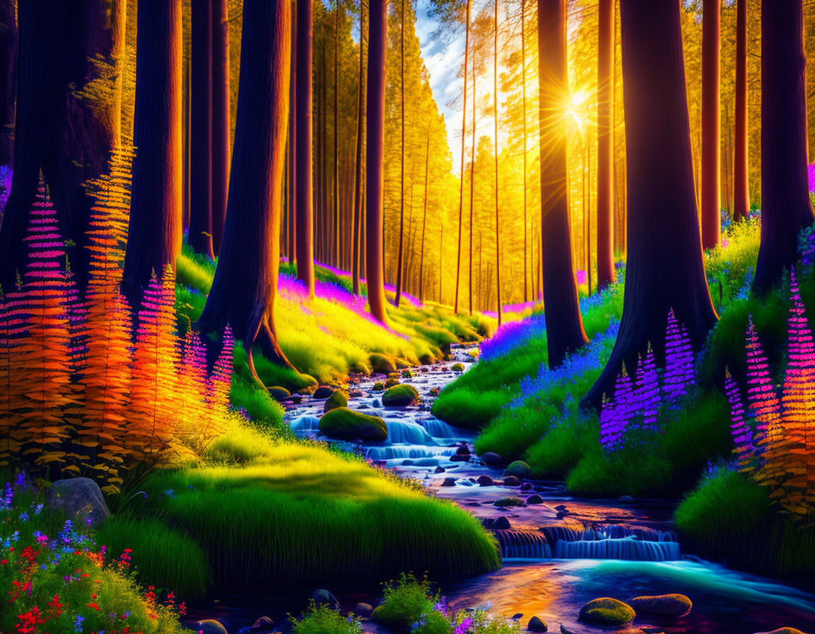 Colorful Forest Scene with Sunrays, Stream, and Flowers