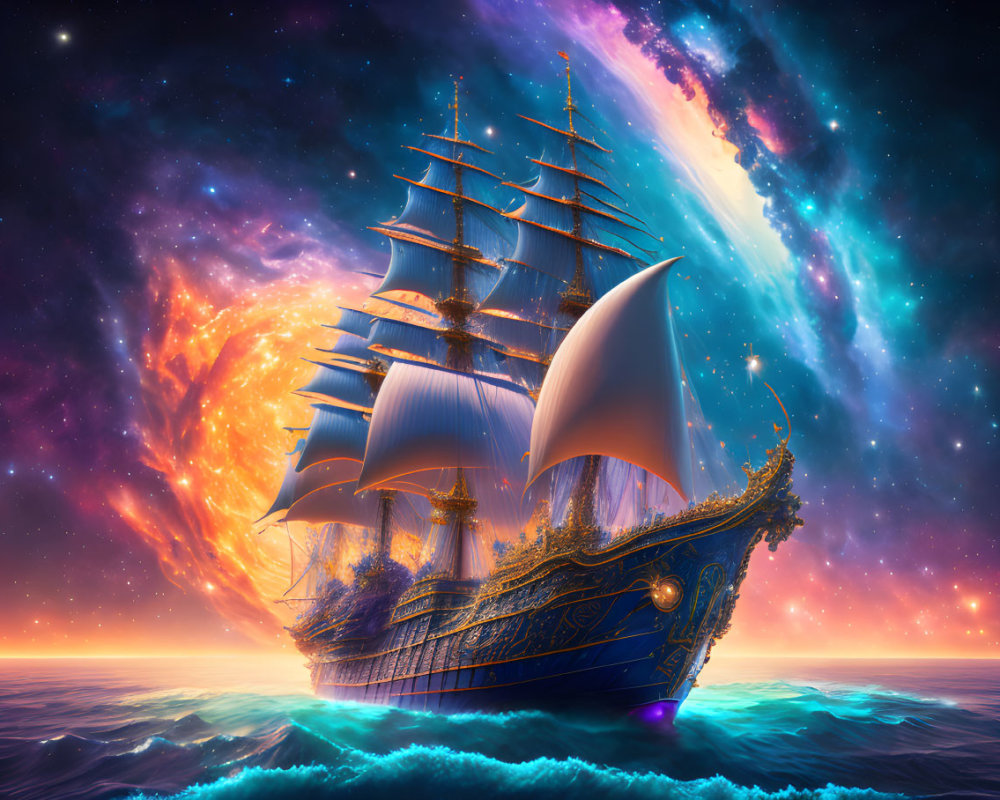 Majestic sailing ship in cosmic waters with swirling nebulas