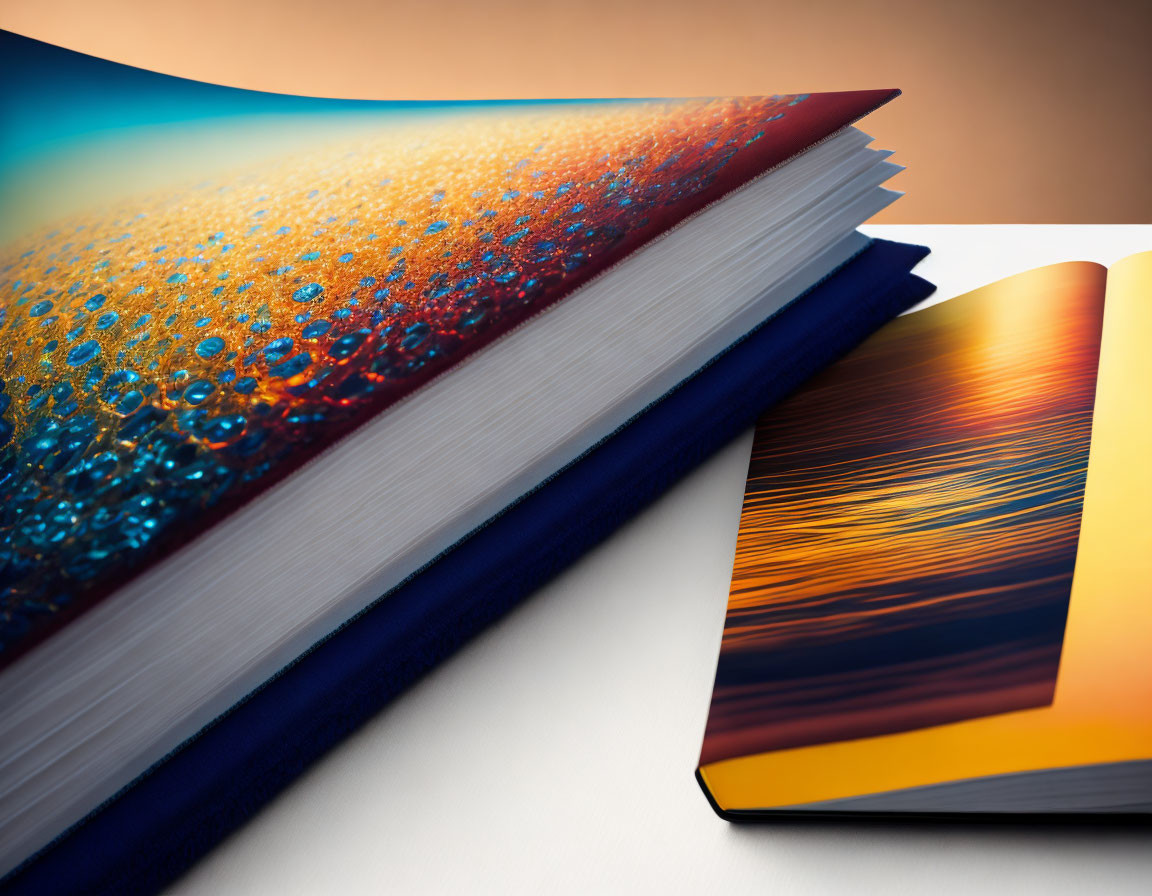 Close-up of vibrant abstract book covers with water droplet and sunset textures on warm background