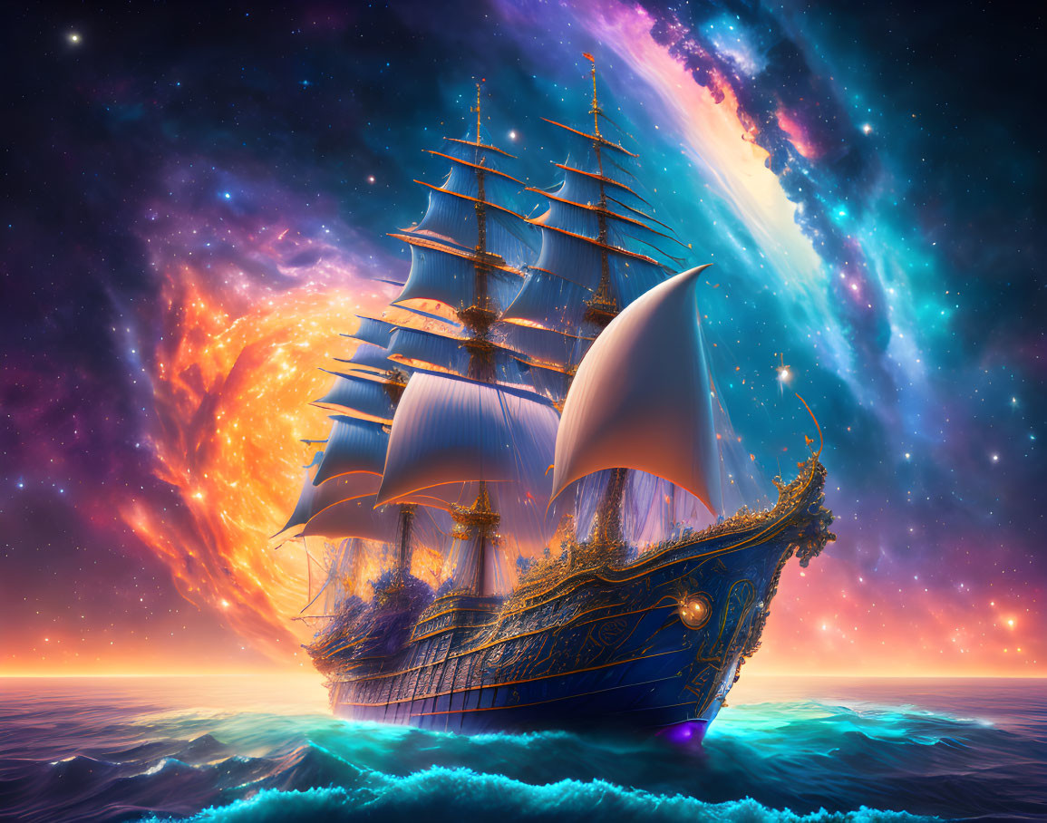 Majestic sailing ship in cosmic waters with swirling nebulas