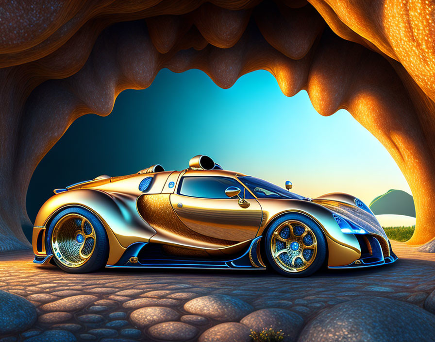 Golden futuristic sports car parked under rock formation at sunrise/sunset with mountains.