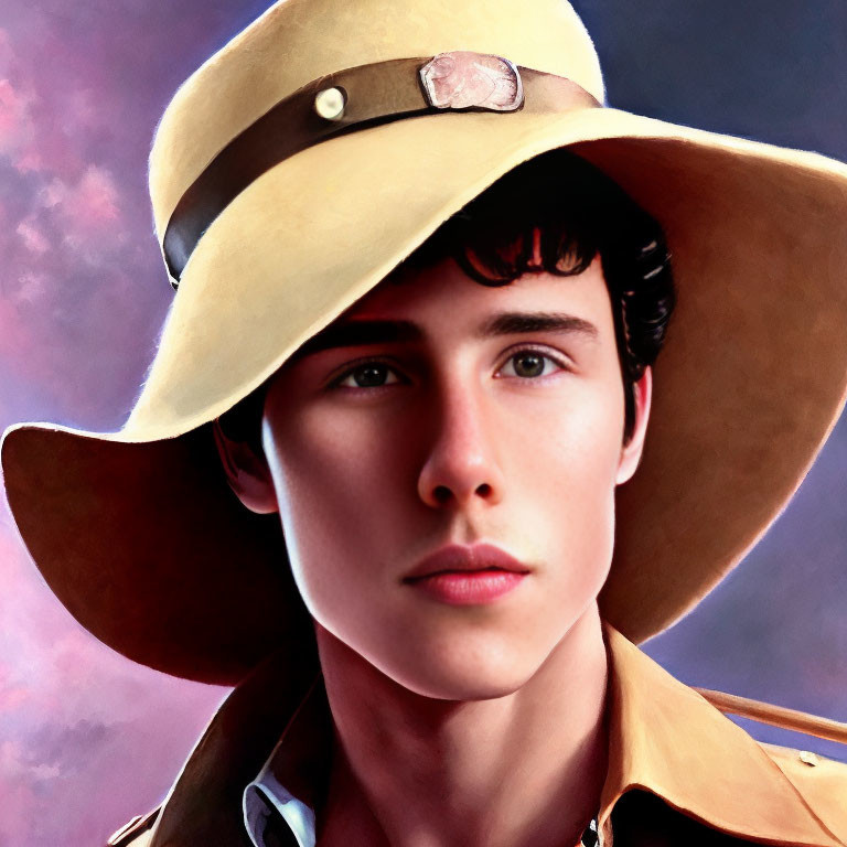 Portrait of young person with fair skin and dark hair in wide-brimmed hat and tan jacket on