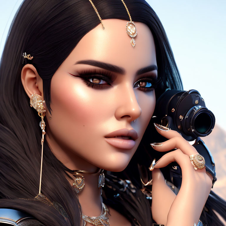 3D Rendered Image of Woman with Striking Makeup and Elaborate Golden Jewelry Holding Camera