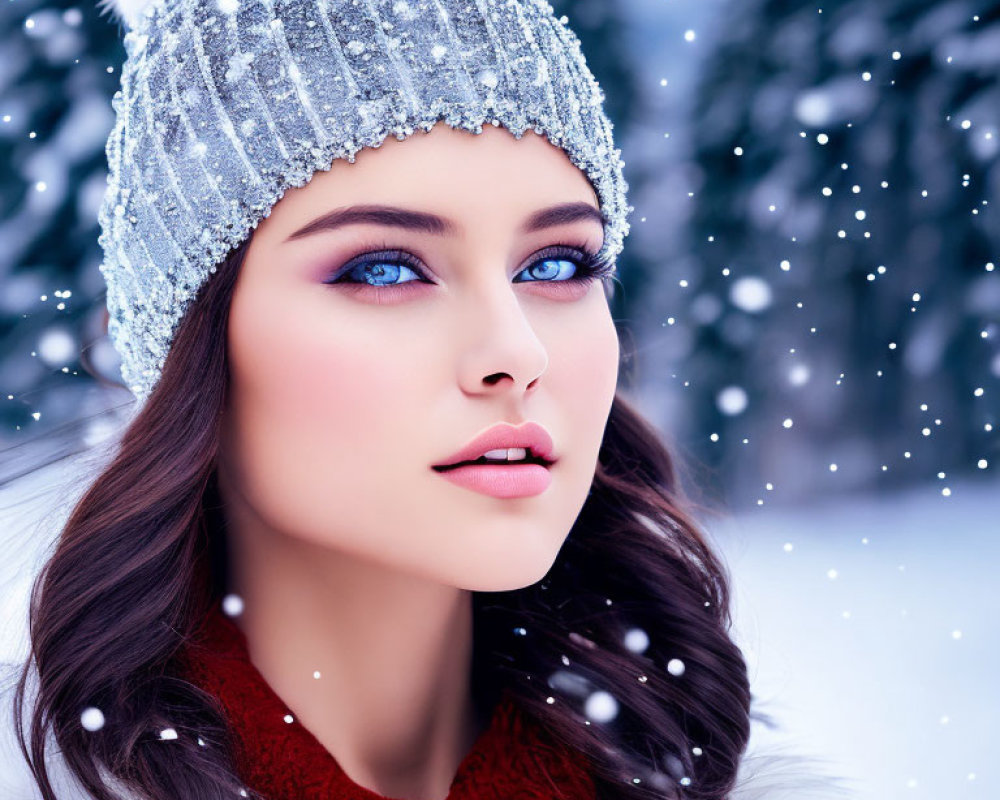 Blue-eyed woman in white beanie and red scarf in snowy scene