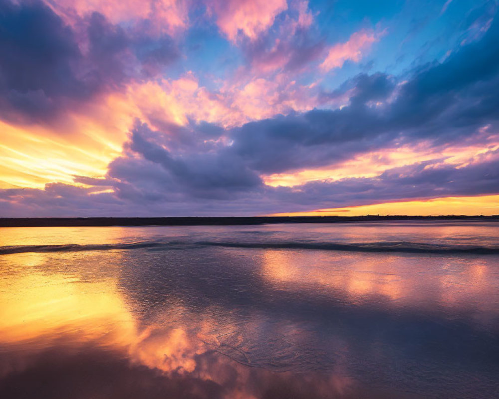 Tranquil Beach Sunset with Purple and Orange Clouds