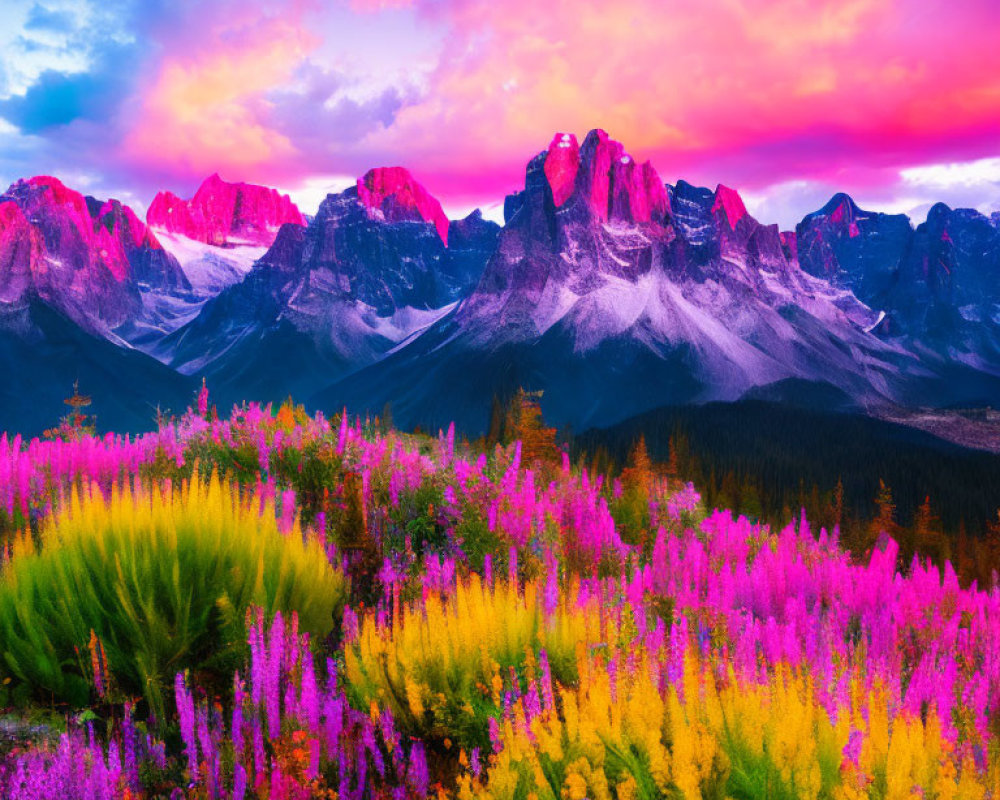 Scenic sunset over snowy mountains with wildflowers and dramatic sky
