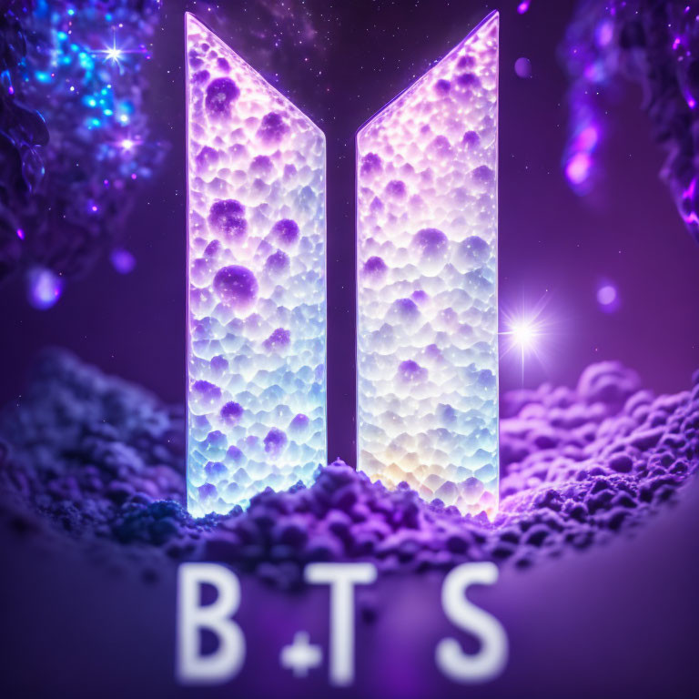 Glowing crystalline panels with "BTS" acronym on cosmic purple background