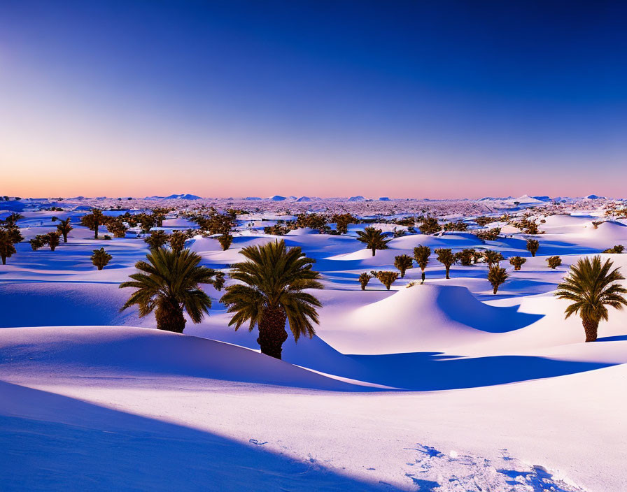 Tranquil desert landscape at twilight with sand dunes and palm trees under purple sky