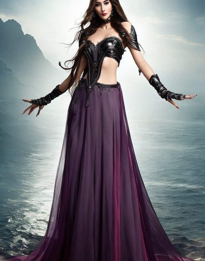 Fantasy-themed woman in black and purple outfit against misty seascape