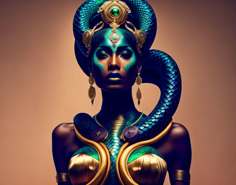 Woman with Snake-Like Attributes and Striking Headdress in Gold and Blue Attire