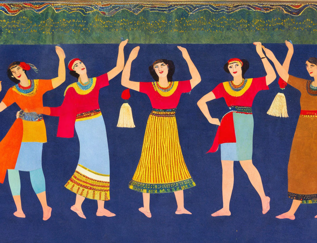 Vibrant traditional attire female figures dancing in row on blue backdrop