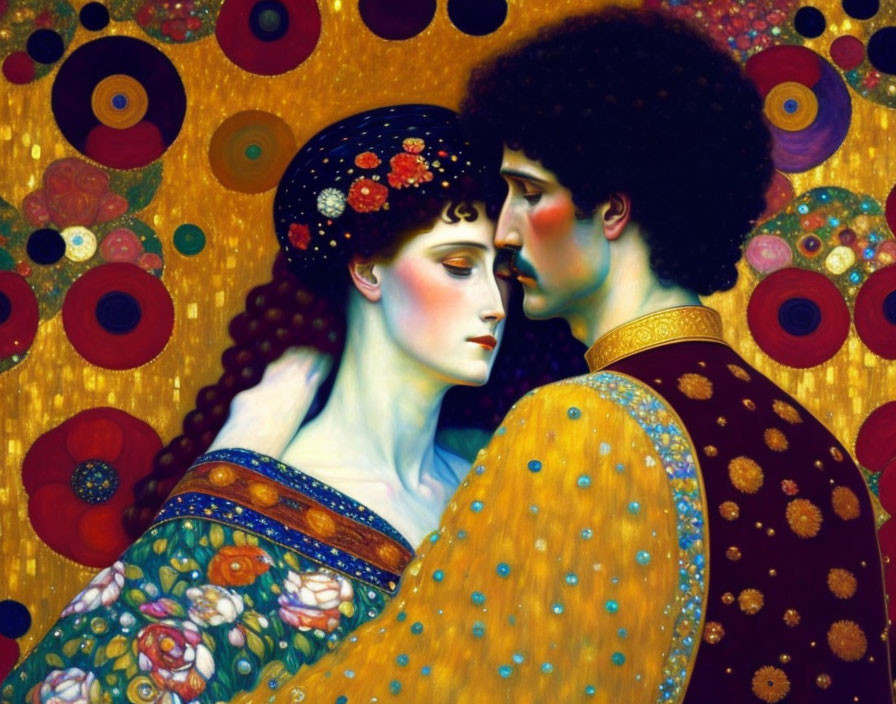 Vibrant Art Nouveau painting of man and woman embracing