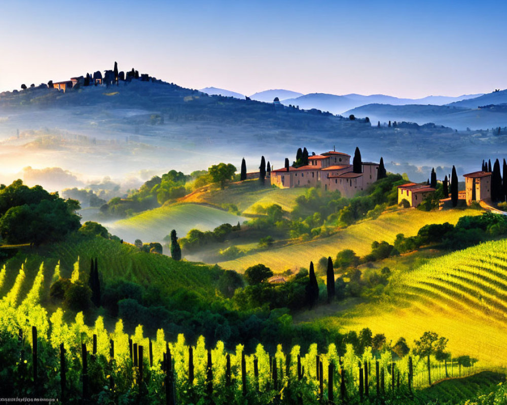 Scenic Tuscan Hills with Vineyards, Misty Valley, and Sunrise Village