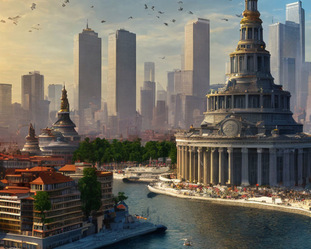 Futuristic cityscape with classic and modern architecture, waterfront with boats, and bustling streets.