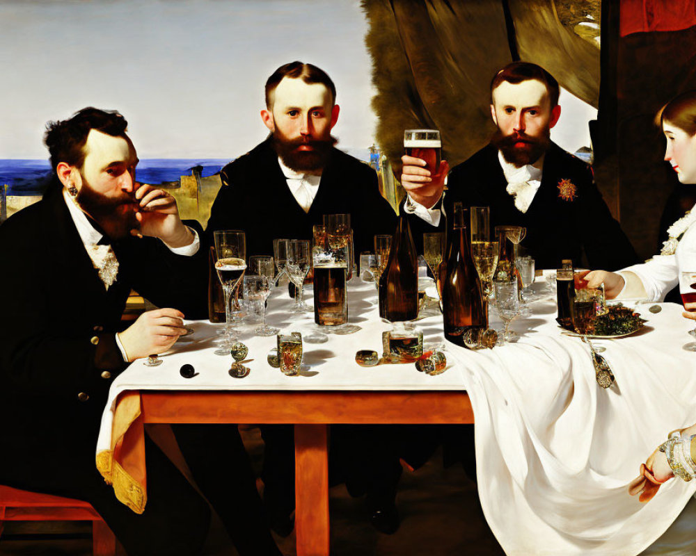 19th Century Painting: Four People Toasting at Dining Table