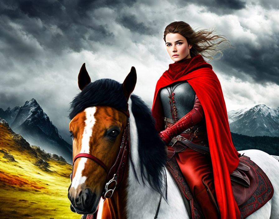 Medieval armored woman on horseback under dramatic sky