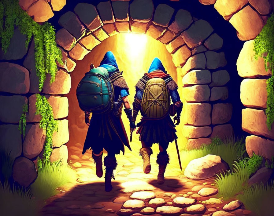 Adventurers in Blue Cloaks Enter Sunlit Stone Tunnel
