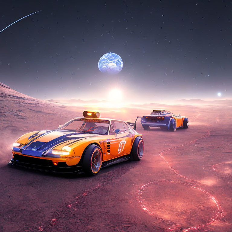 Futuristic race cars on alien terrain with Earth-like planet and shooting star