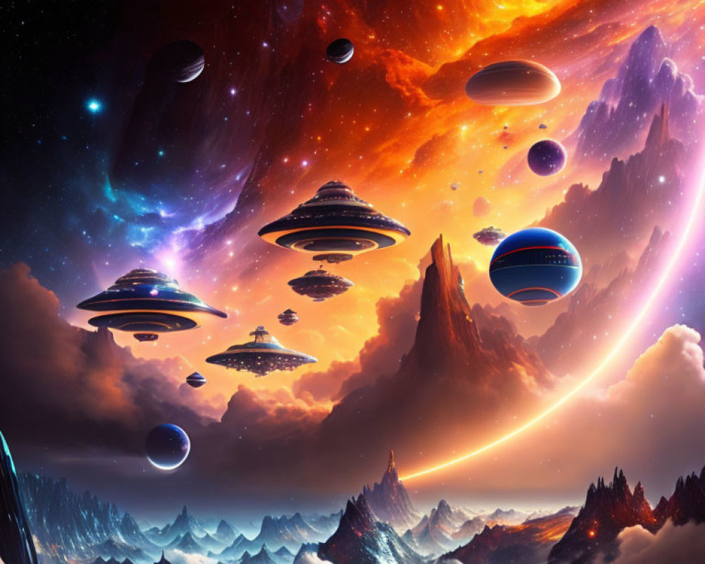 Colorful flying saucers over mountains in cosmic landscape