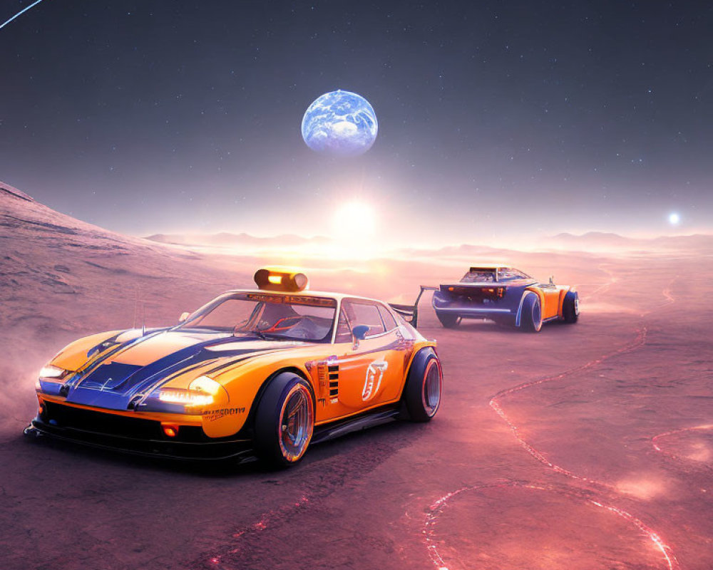 Futuristic race cars on alien terrain with Earth-like planet and shooting star