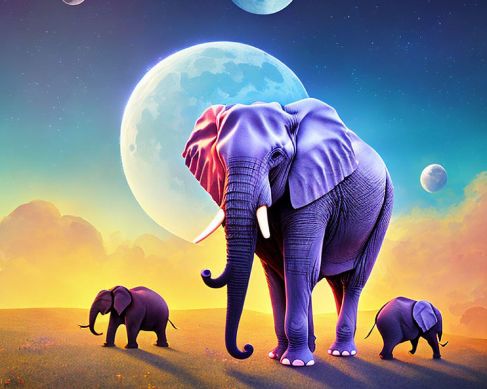 Illustration of elephants in fantasy landscape with multiple moons & starry sky
