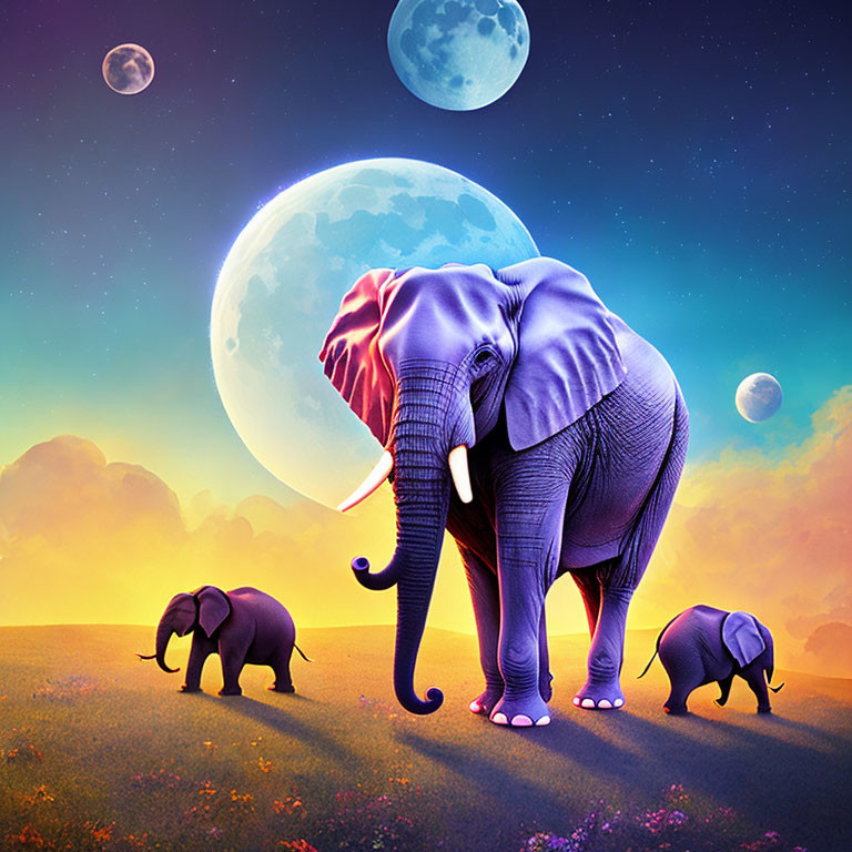 Illustration of elephants in fantasy landscape with multiple moons & starry sky