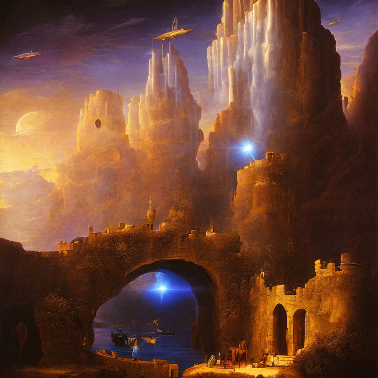 Majestic fantasy landscape with cliffs, starships, bridge, ruins, boats, and blue lights