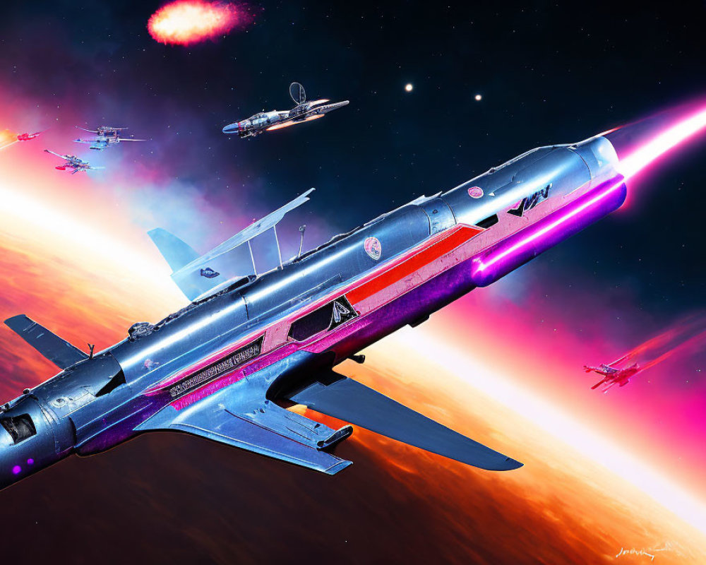 Colorful spacecrafts in vibrant sci-fi scene navigating starry cosmos.